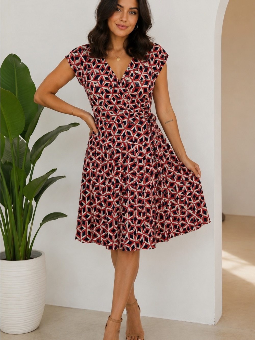 Donna Morgan Geometric Faux Wrap Dress Red Navy White Size 10